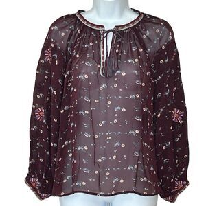 Ulla Johnson Silk Blouse 2 Boho Burgundy Floral Embroidery Tie Tassels
